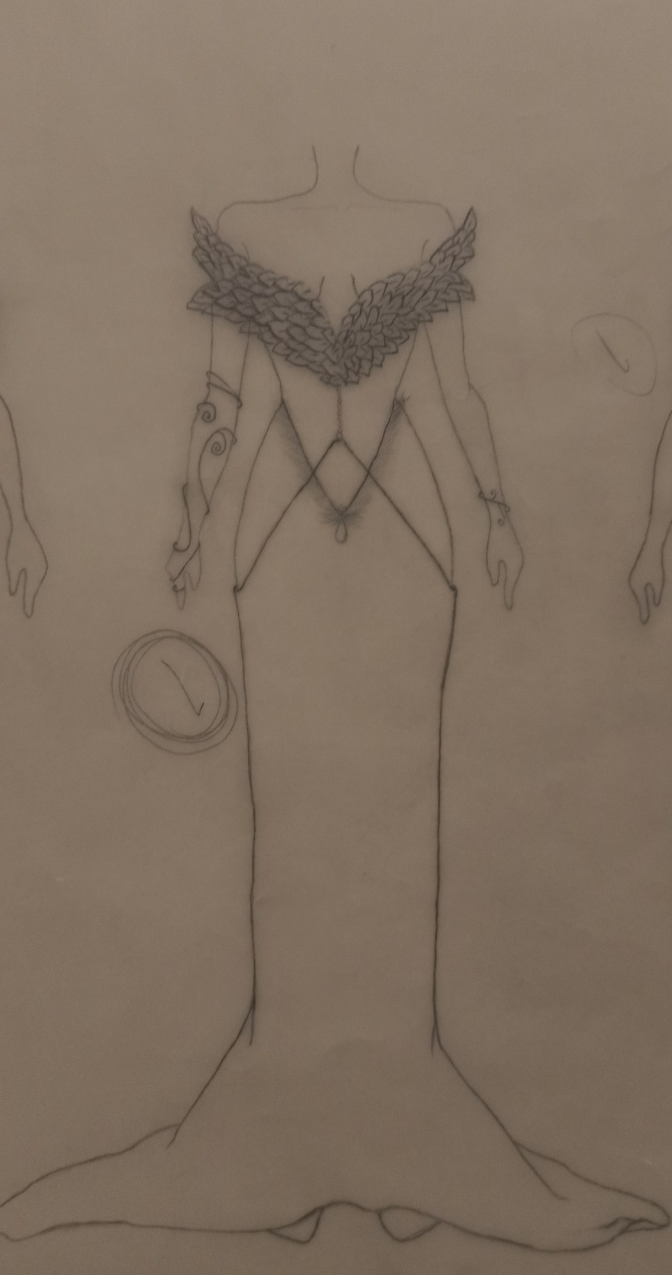 Croquis crayon — sirène off-shoulder à plumes