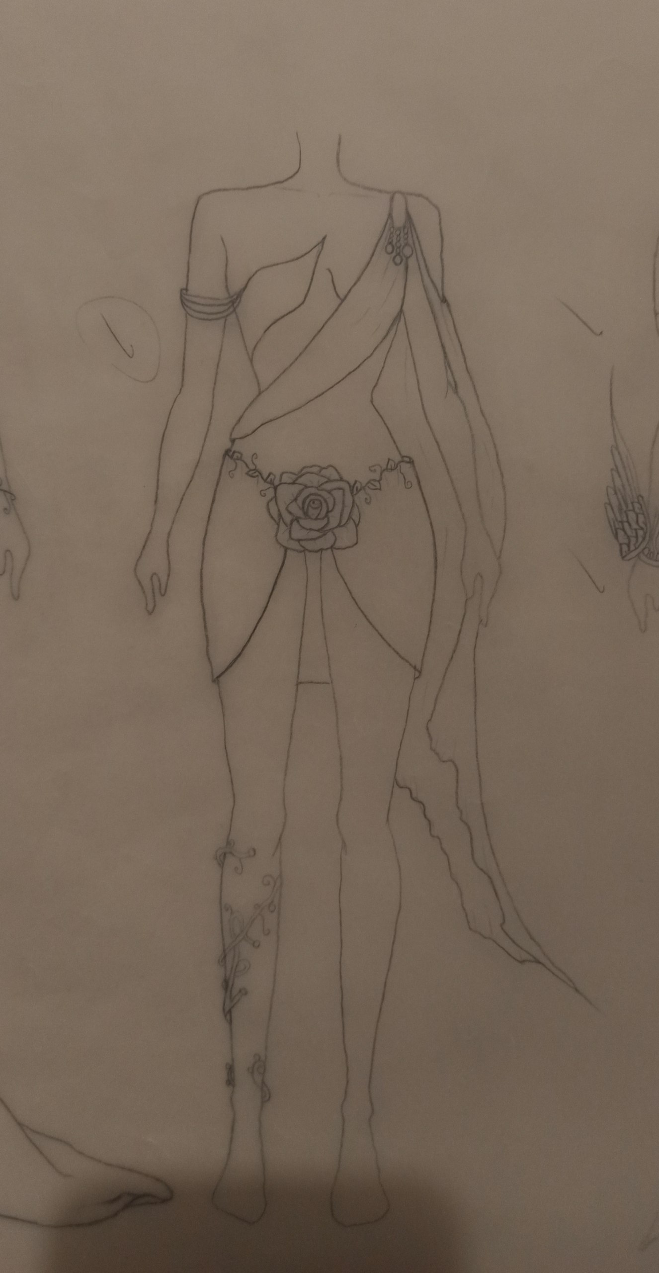 Croquis crayon — mini une épaule, ceinture rose