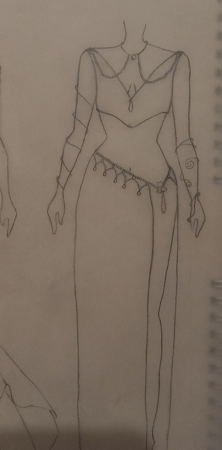 Croquis crayon — robe colonne, drapés de chaîne