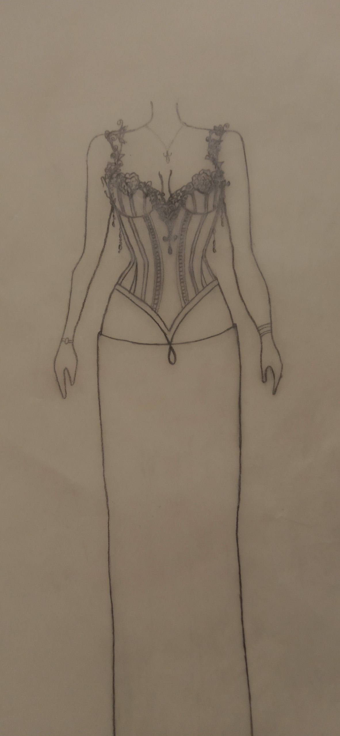 Pencil sketch — corset gown with rose appliqué and pointed basque