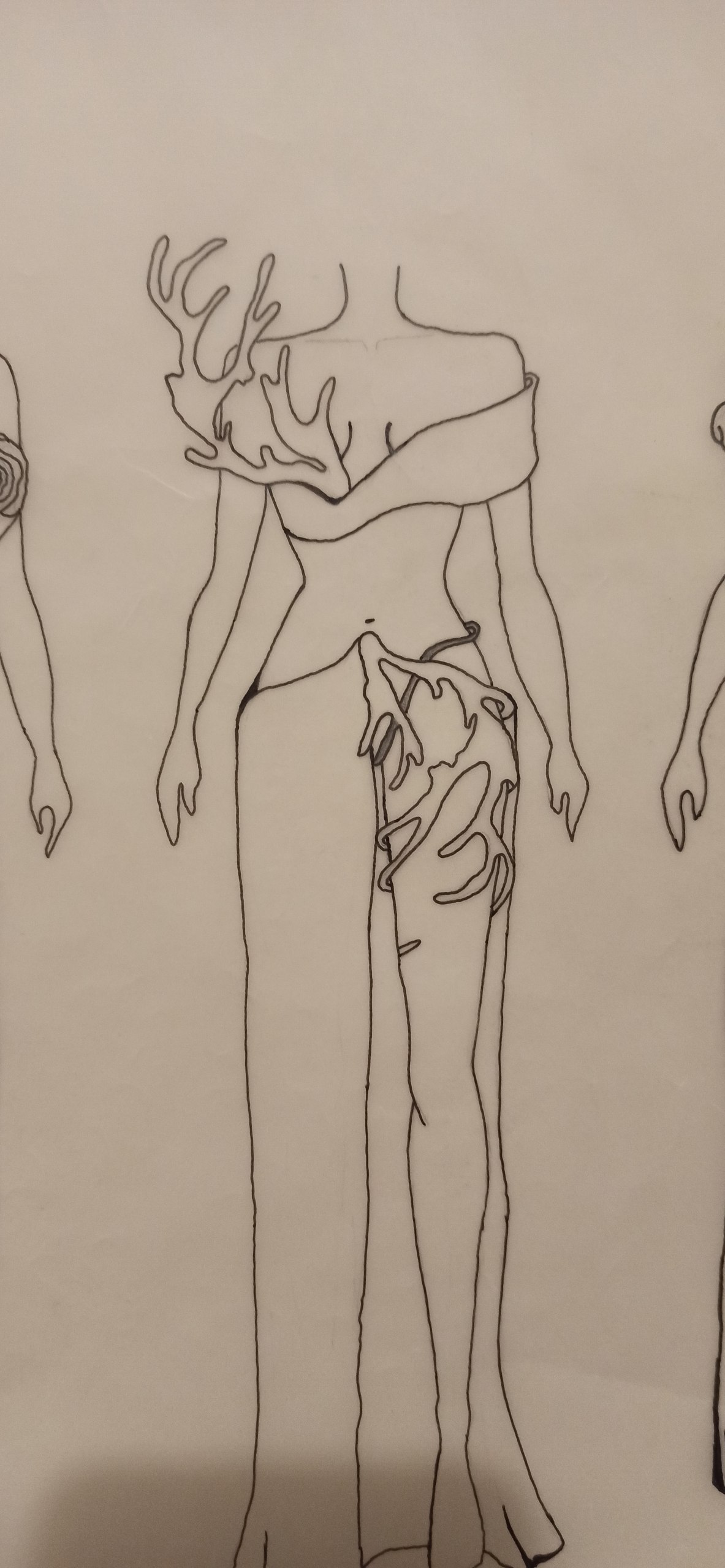 Ink sketch — off-shoulder gown with coral-branch appliqué