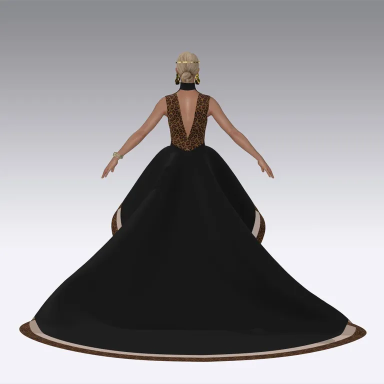 Dramatic high-low gown, leopard-print fitted bodice with gold corset lacing, digital fashion design by Ghazal Alidoost