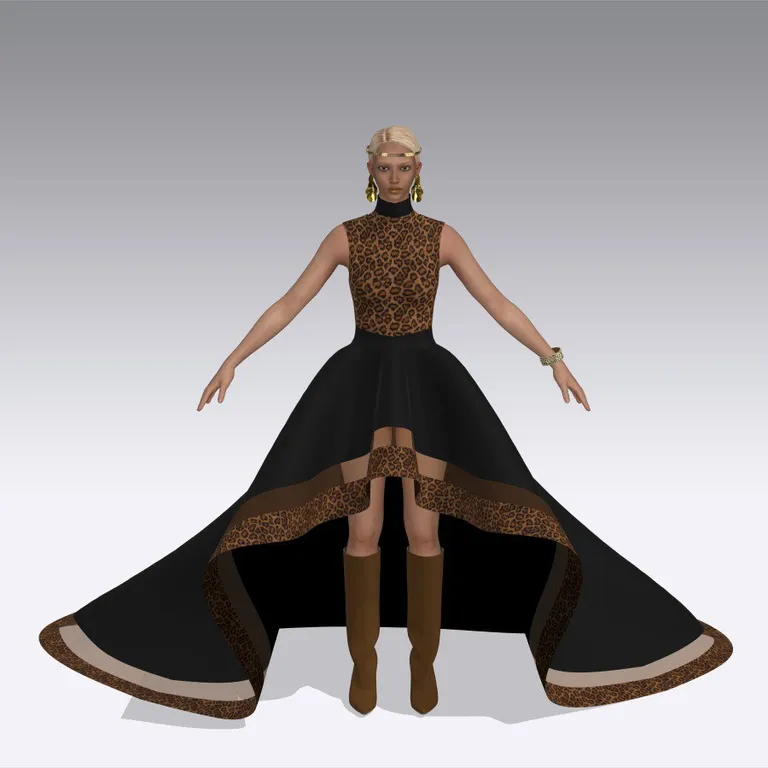 High-low gown from behind, leopard bodice and sculpted black skirt volume, digital fashion design by Ghazal Alidoost