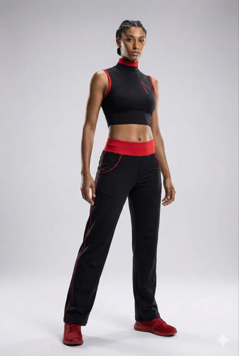 Ensemble sportswear noir-rouge, détail, design de mode numérique, Ghazal Alidoost