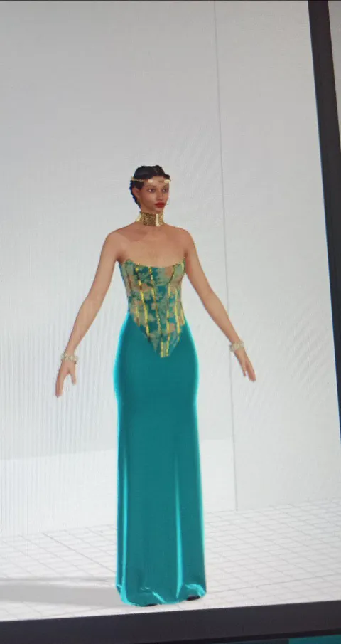 Teal corset-bodice gown, side view, digital fashion design by Ghazal Alidoost