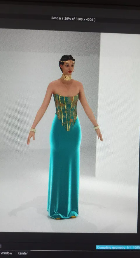 Teal corset-bodice gown, back view, digital fashion design by Ghazal Alidoost