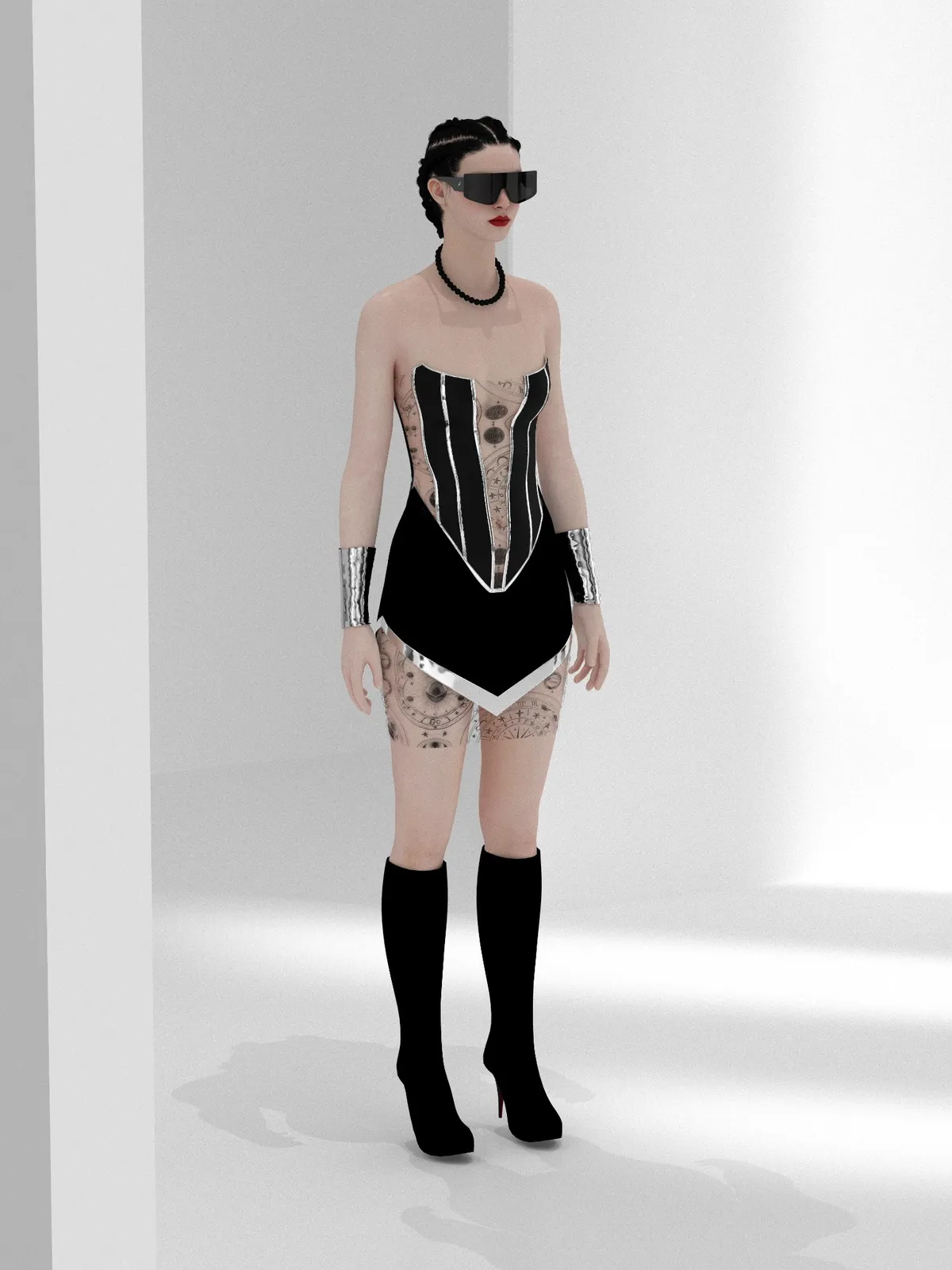 Structured black mini dress, back view, digital fashion design by Ghazal Alidoost