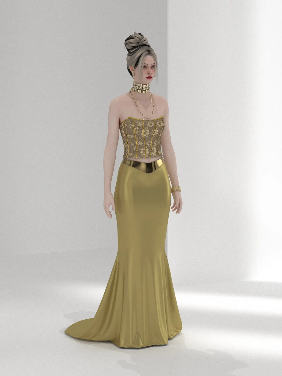 Robe sirène en brocart or et vert, design de mode numérique, Ghazal Alidoost