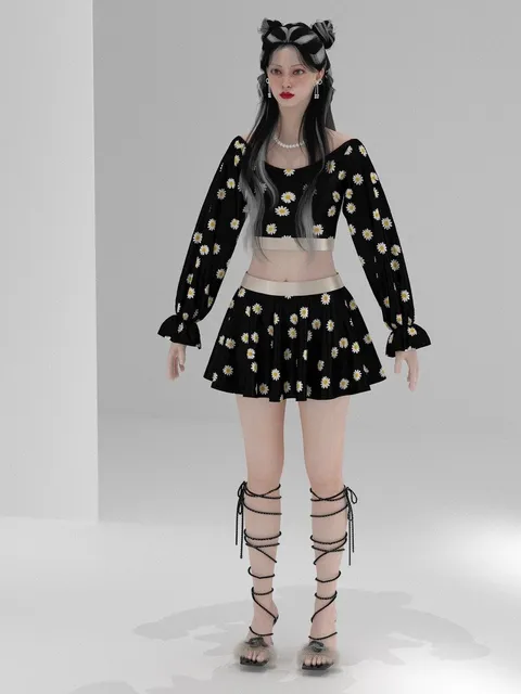 Crop imprimé et mini-jupe noir-crème, design de mode numérique, Ghazal Alidoost