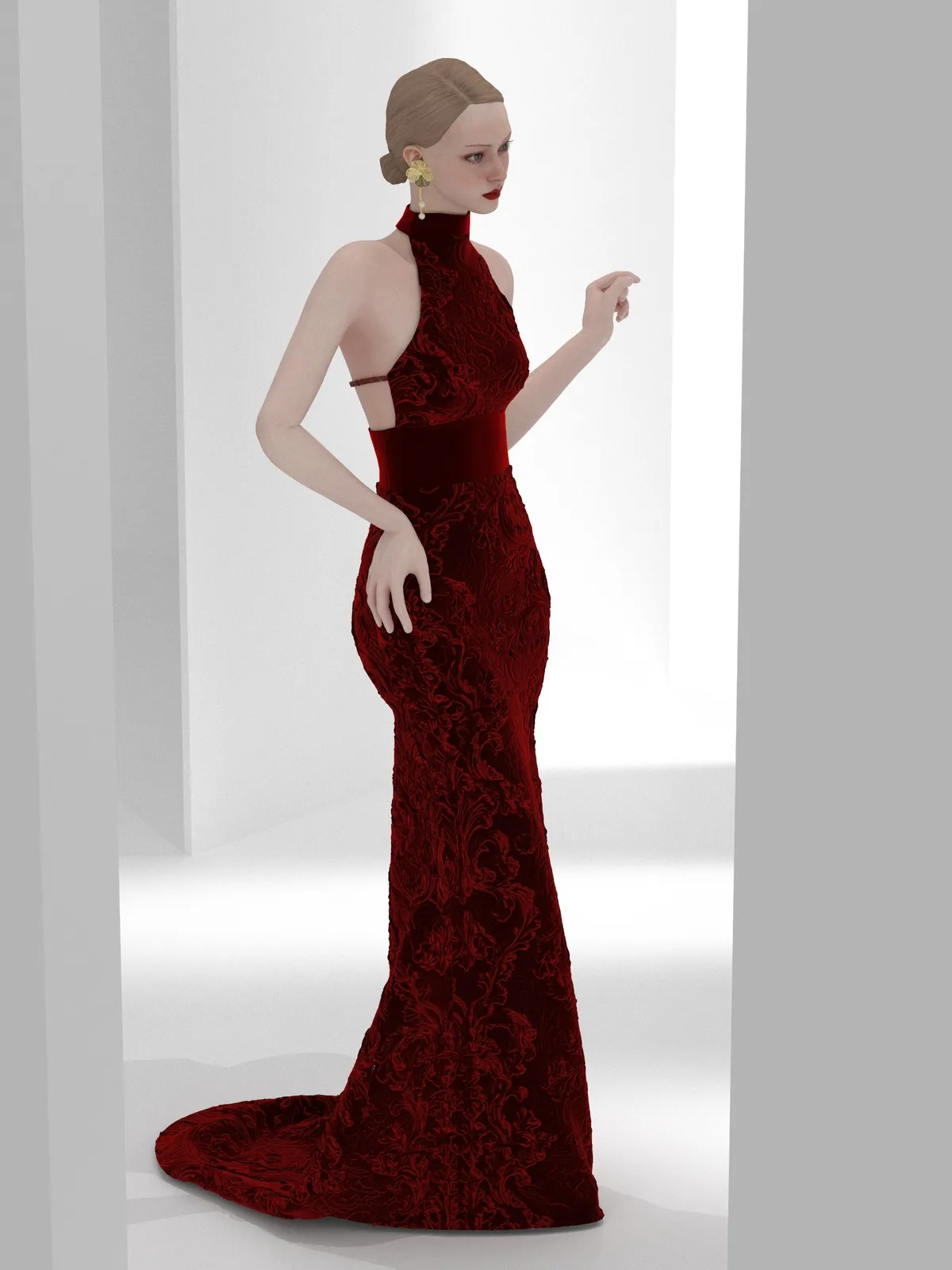 Robe sirène rouge en dentelle, silhouette ajustée, design de mode numérique, Ghazal Alidoost