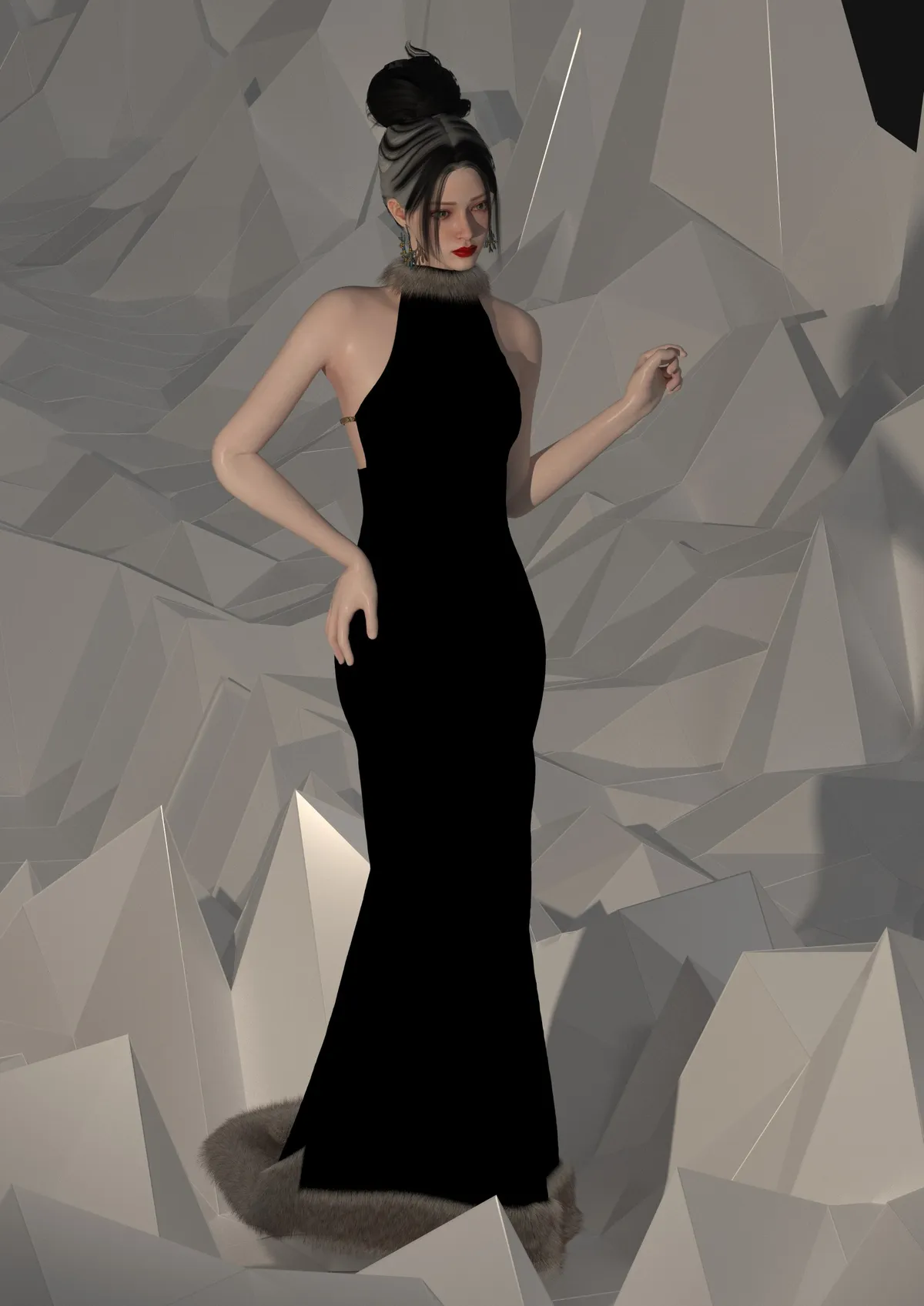 Robe colonne noire, encolure carrée, design de mode numérique, Ghazal Alidoost
