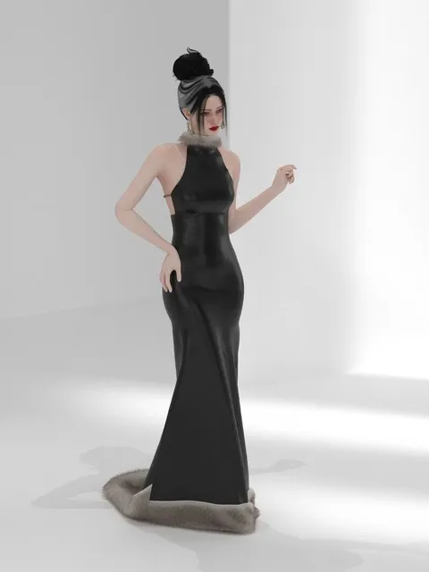 Robe du soir noire à ourlet fourré, design de mode numérique, Ghazal Alidoost