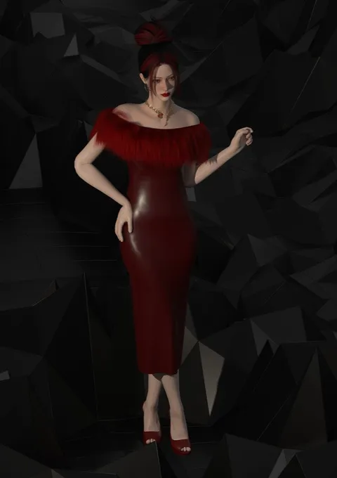 Robe rouge épaules dénudées ajustée, design de mode numérique, Ghazal Alidoost