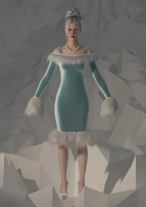 Robe bleu pâle à fourrure et fente haute, design de mode numérique, Ghazal Alidoost