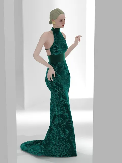 Robe sirène émeraude en dentelle, dos, design de mode numérique, Ghazal Alidoost