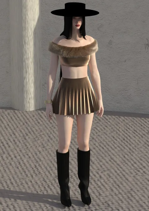Sculptural hat with metallic pleated skirt ensemble, digital fashion design by Ghazal Alidoost