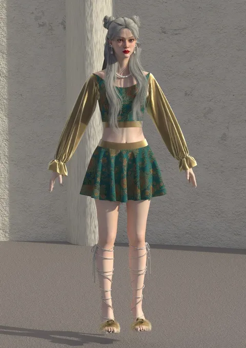 Teal fantasy two-piece with sculptural skirt, digital fashion design by Ghazal Alidoost