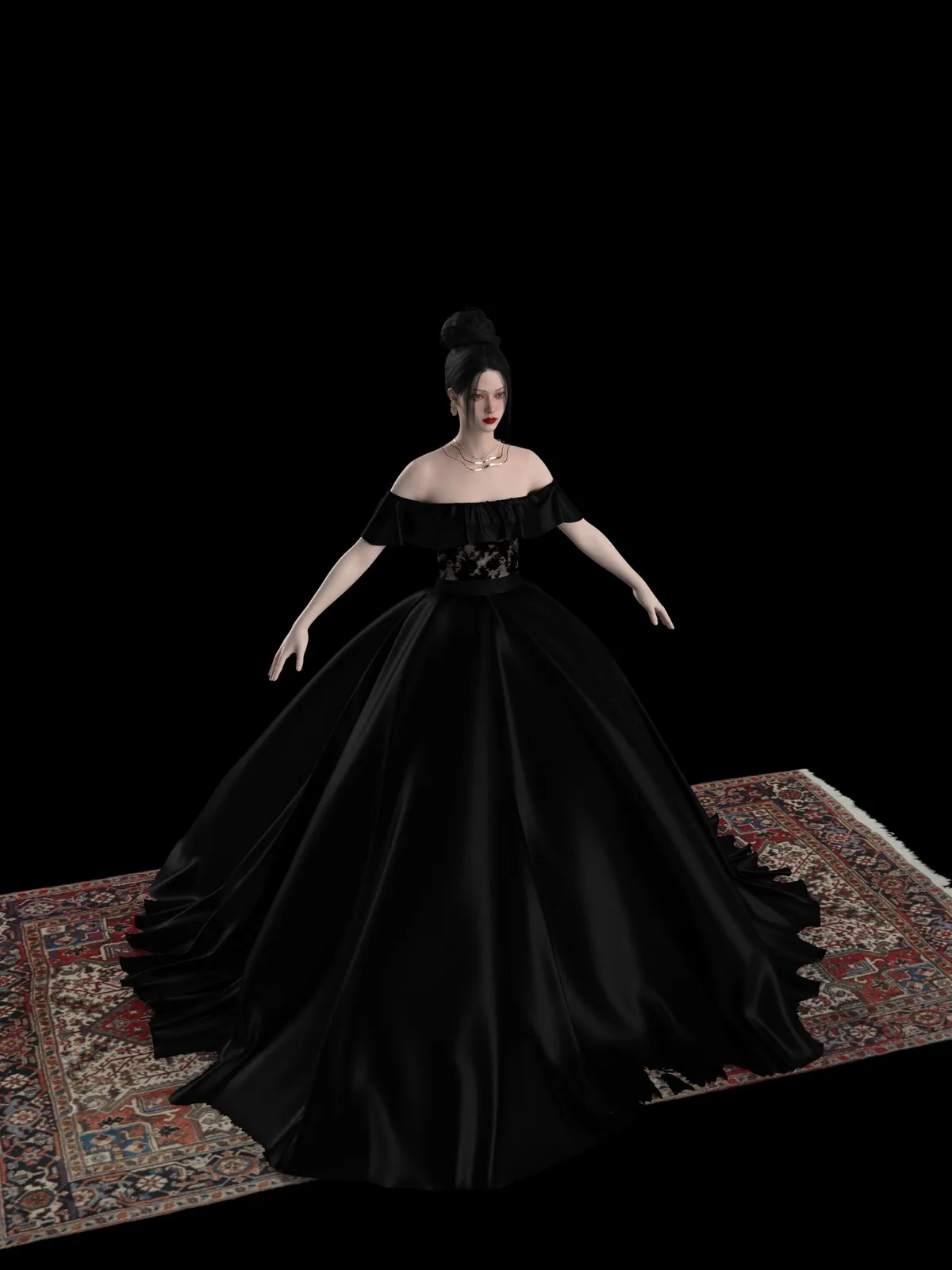 Robe ballgown noire en satin, bustier structure sans bretelles, design de mode numérique, Ghazal Alidoost