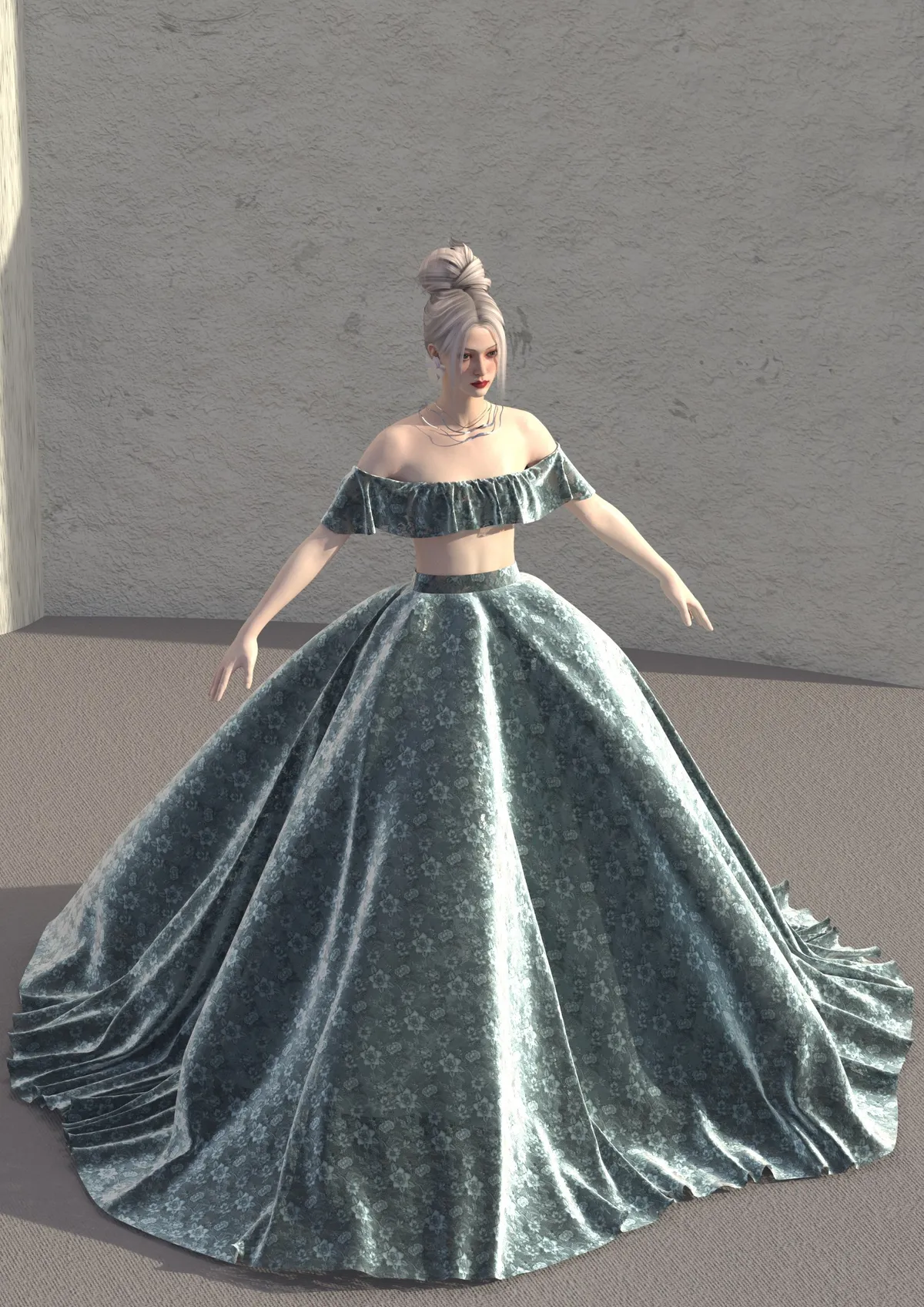 Robe ballgown en velours fleuri argent-bleu, décolleté à volants, design de mode numérique, Ghazal Alidoost