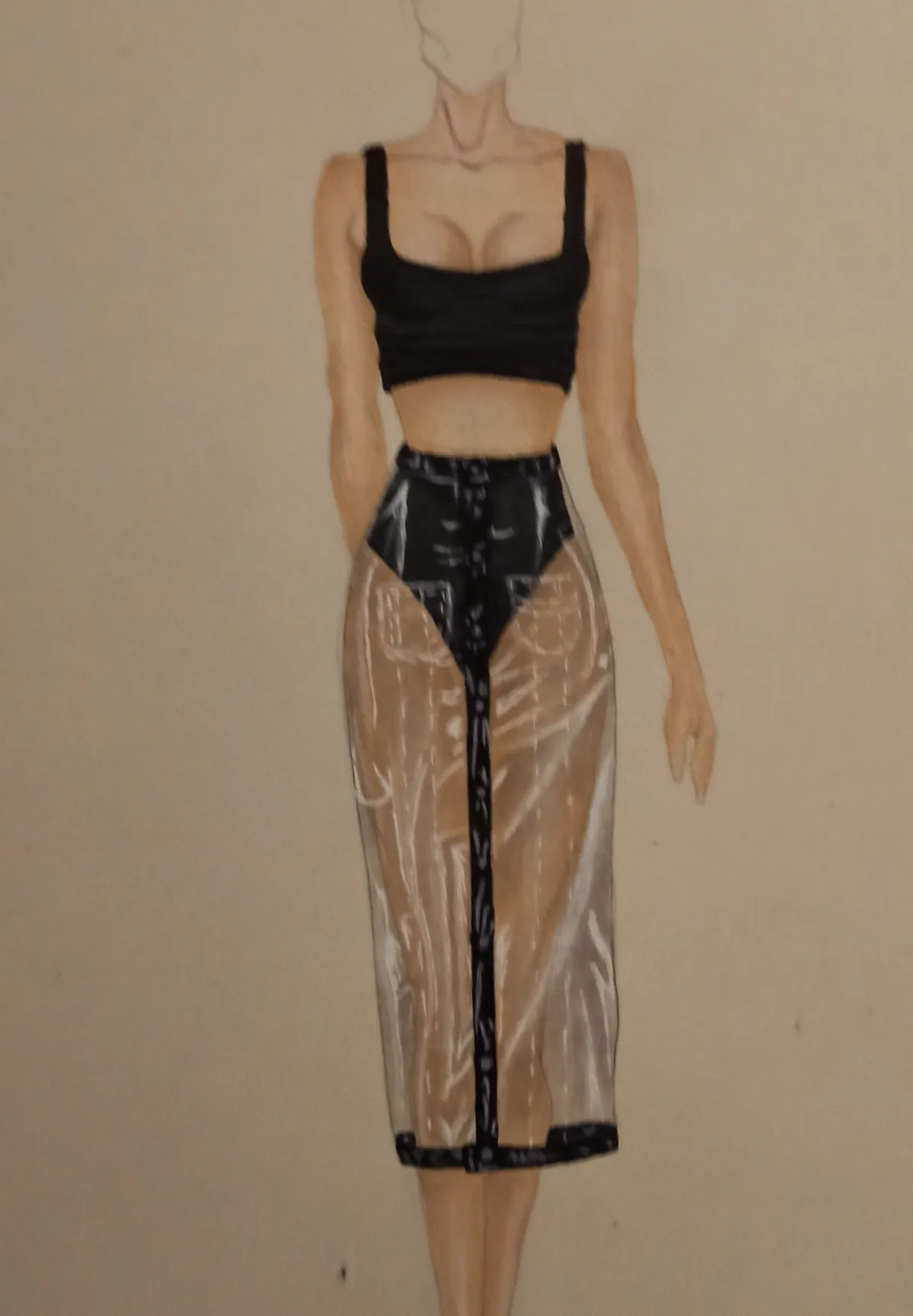Transparent skirt prototype in progress on the dress form, digital fashion design by Ghazal Alidoost