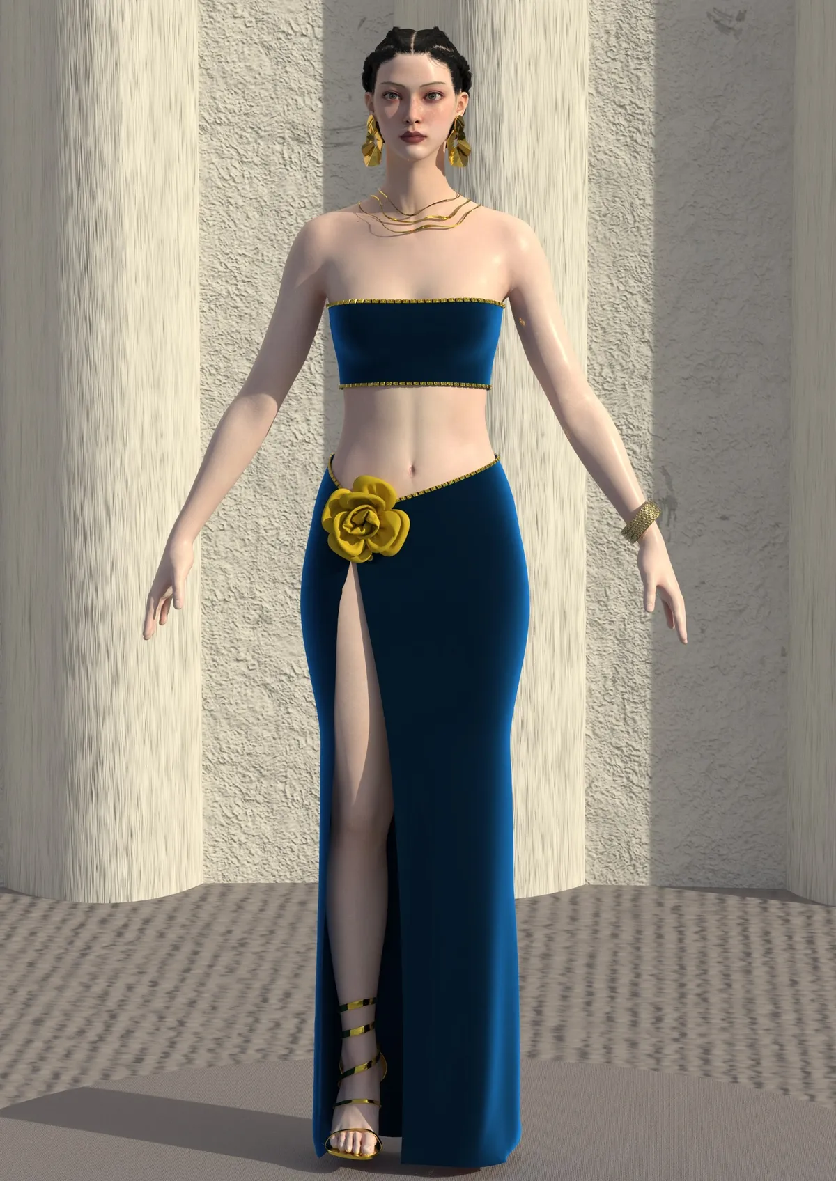 Robe marine, ceinture dorée, jupe drapée, design de mode numérique, Ghazal Alidoost