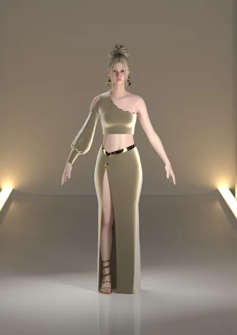 Ensemble champagne, jupe drapée douce, design de mode numérique, Ghazal Alidoost