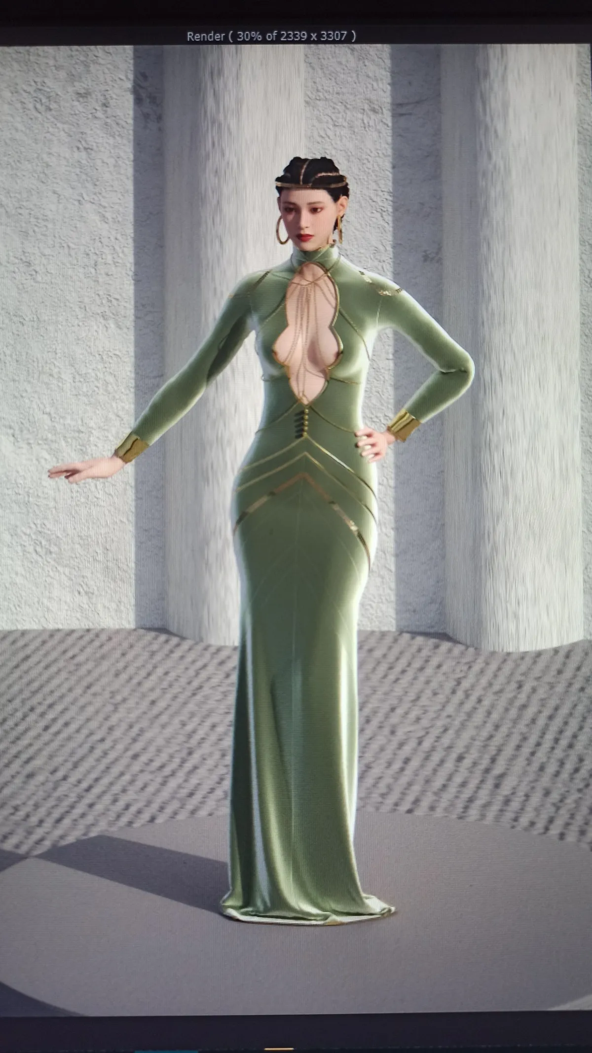 Emerald green gown with geometric cut-out waist, digital fashion design by Ghazal Alidoost