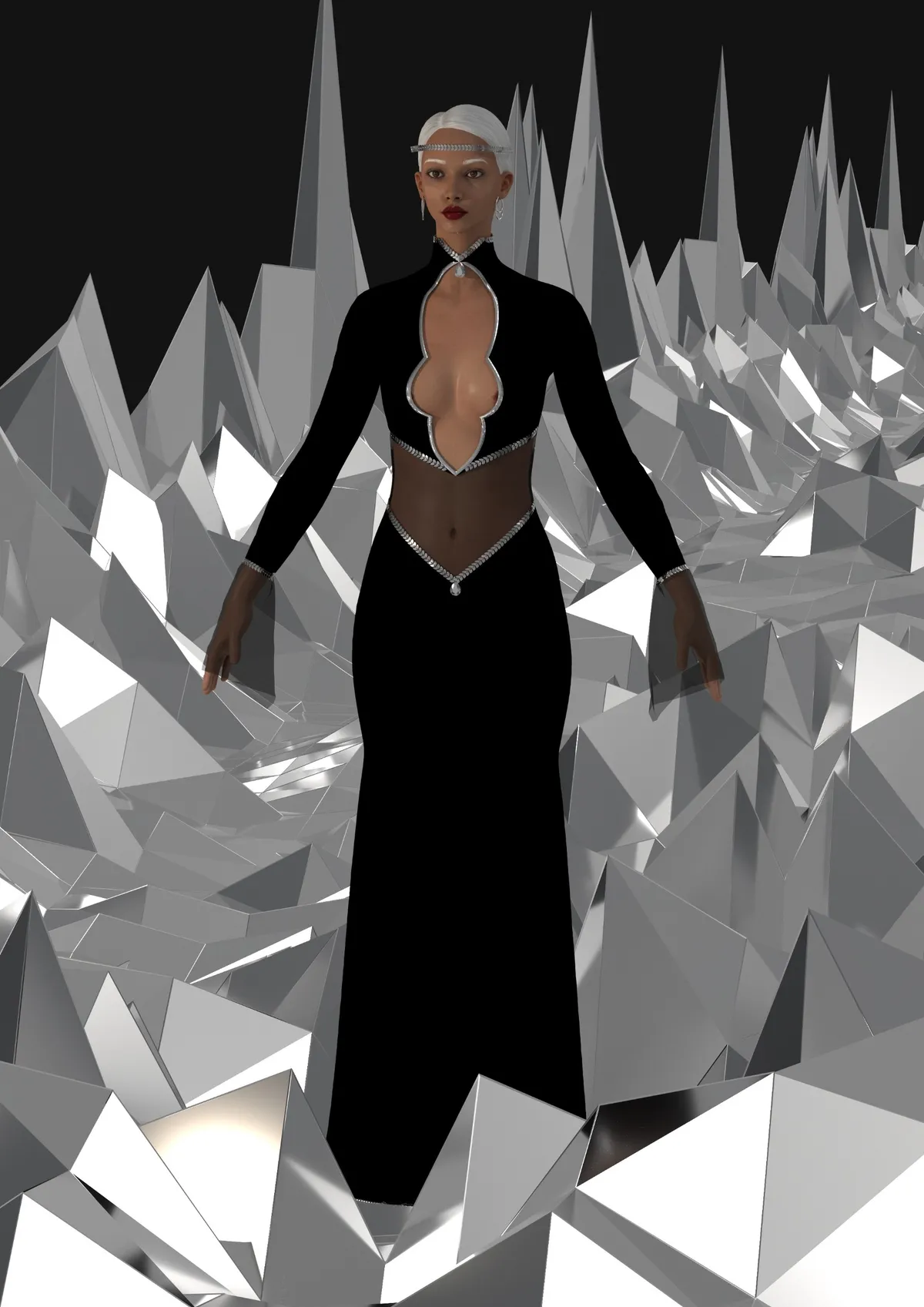 Black and white avant-garde look with sculptural volume, digital fashion design by Ghazal Alidoost