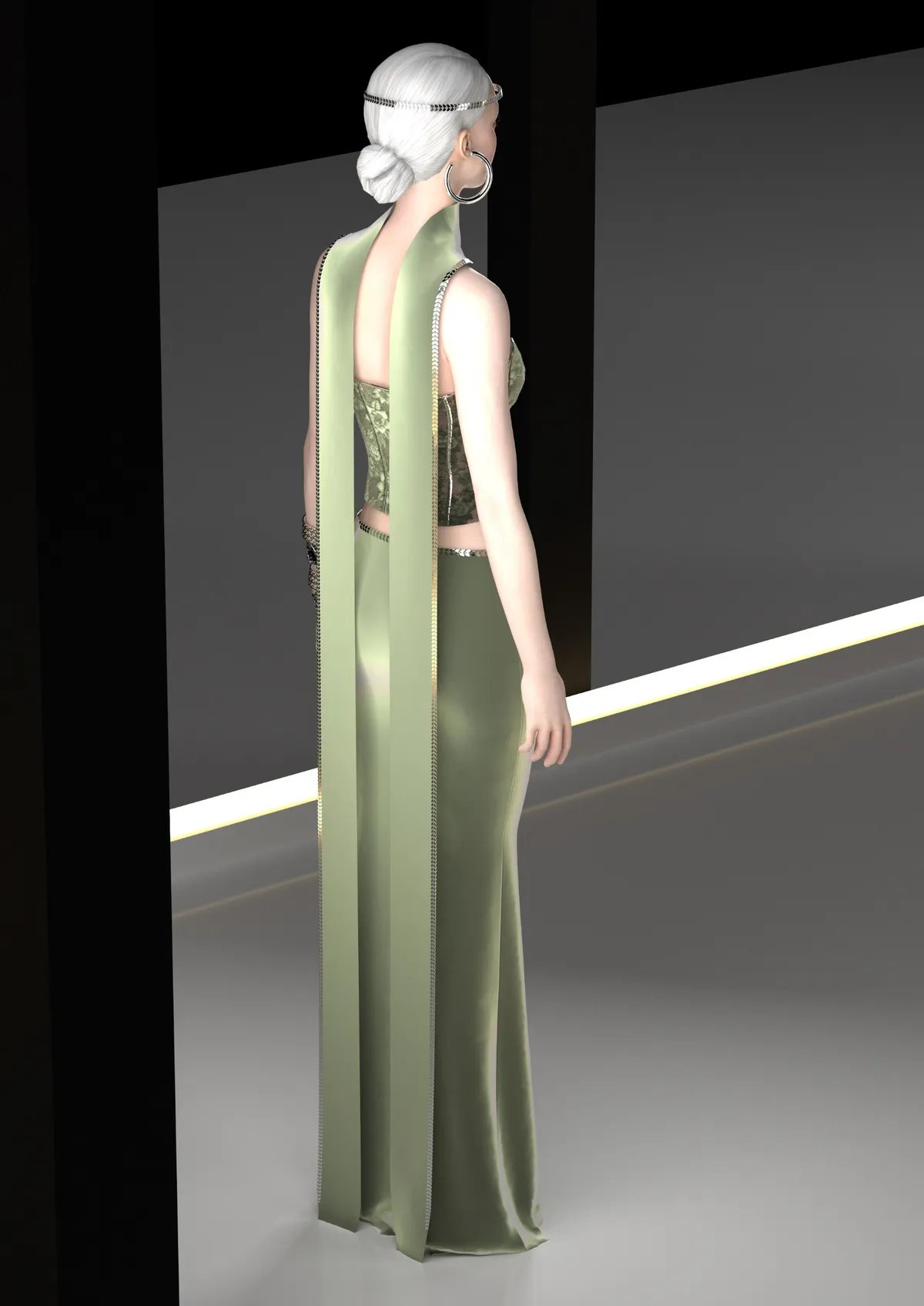 Robe vert pâle, détail de construction numérique, design de mode numérique, Ghazal Alidoost