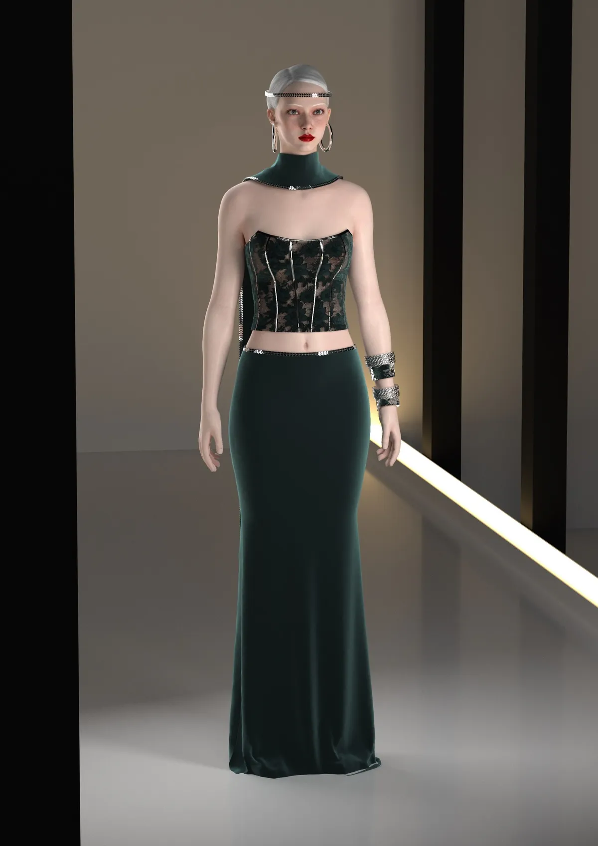 Dark corseted gown, black over deep green with structured bodice, digital fashion design by Ghazal Alidoost