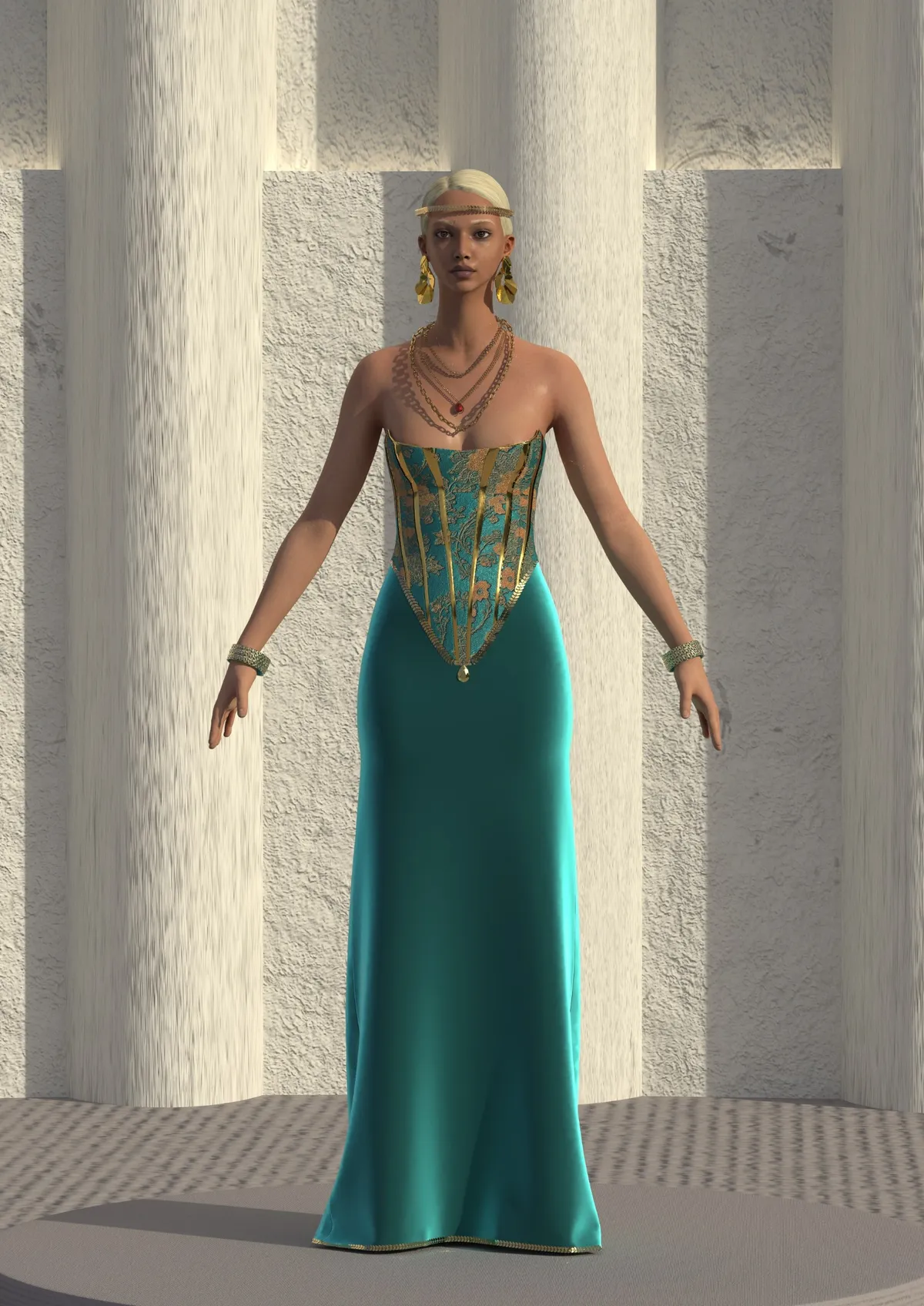 Teal corseted gown with gold boning, back view, digital fashion design by Ghazal Alidoost