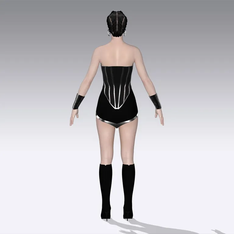 Black corset bodysuit with structured boning, digital fashion design by Ghazal Alidoost