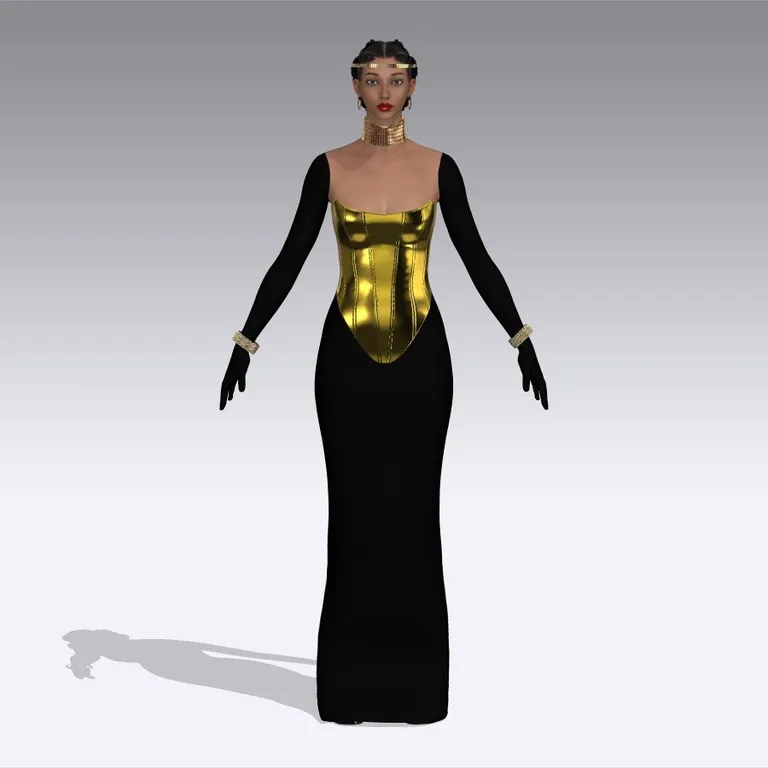 Gold corset back detail on black gown, angle view, digital fashion design by Ghazal Alidoost