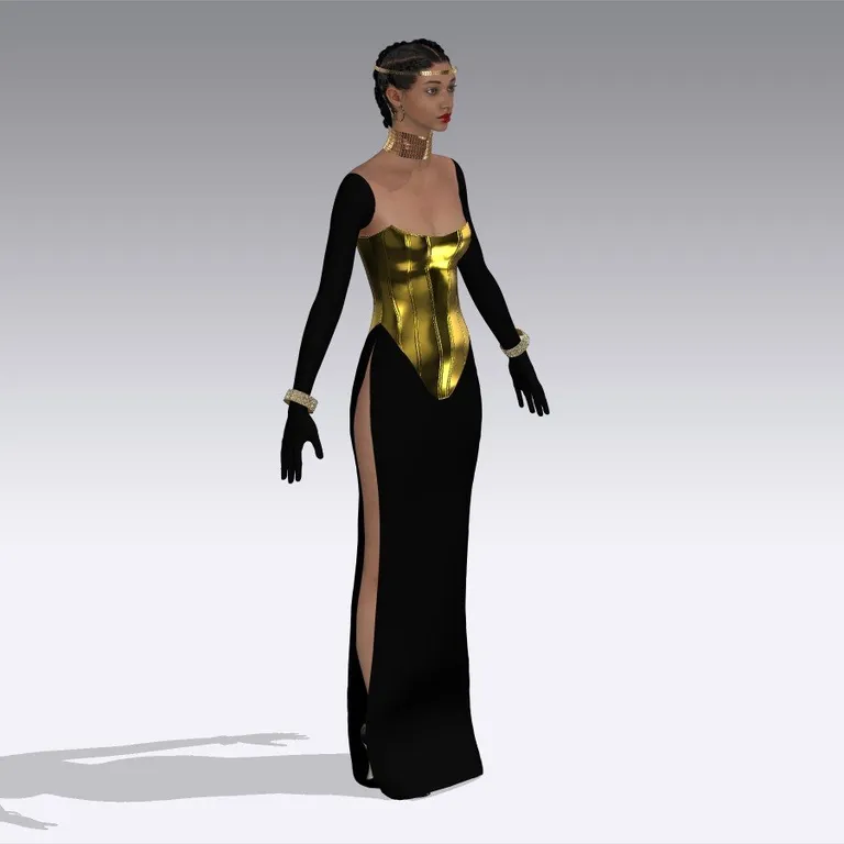 Black and gold corseted gown, front view, digital fashion design by Ghazal Alidoost