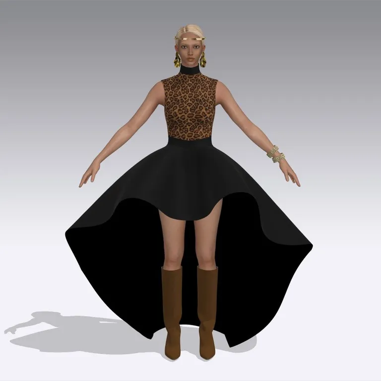 High-low gown front view, leopard and gold bodice with asymmetric black skirt, digital fashion design by Ghazal Alidoost