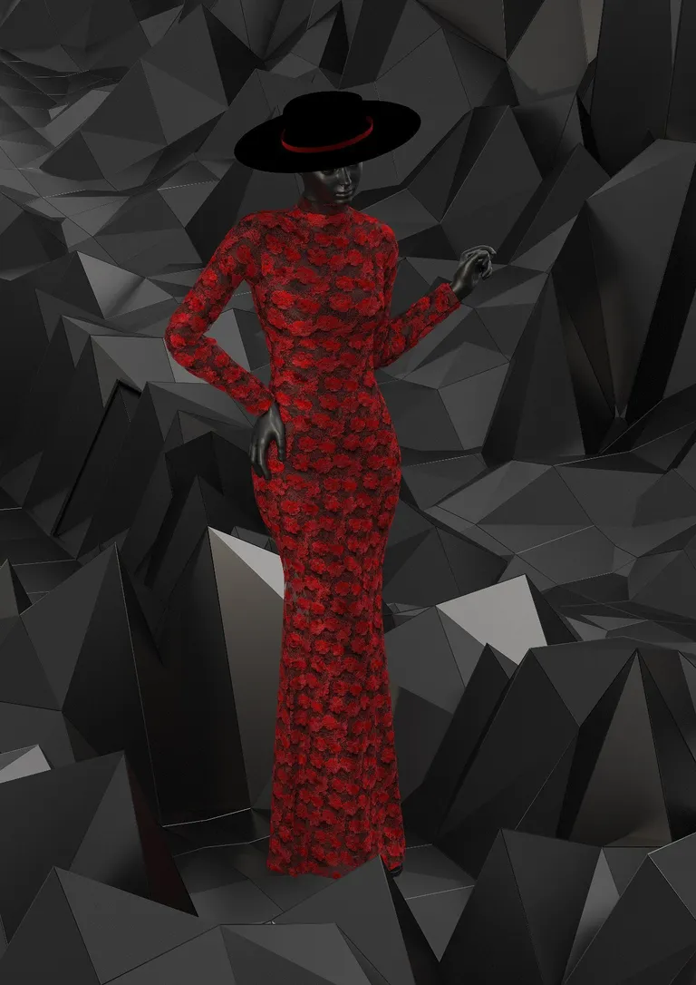 Red lace mermaid in a digital rocky landscape — front view, digital fashion design by Ghazal Alidoost